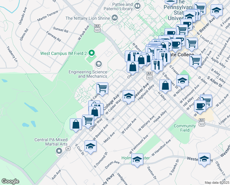 map of restaurants, bars, coffee shops, grocery stores, and more near 118 North Sparks Street in State College