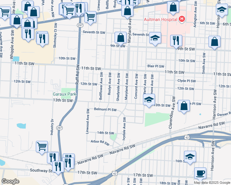 map of restaurants, bars, coffee shops, grocery stores, and more near 1218 Roslyn Avenue Southwest in Canton