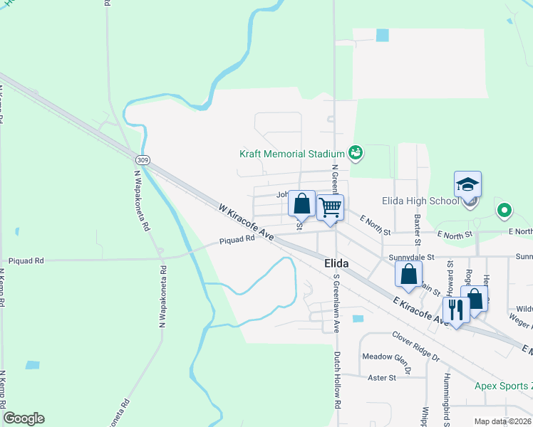 map of restaurants, bars, coffee shops, grocery stores, and more near 220 West North Street in Elida