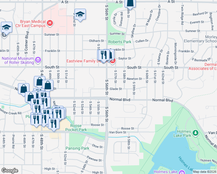 map of restaurants, bars, coffee shops, grocery stores, and more near 5620 Glade Street in Lincoln