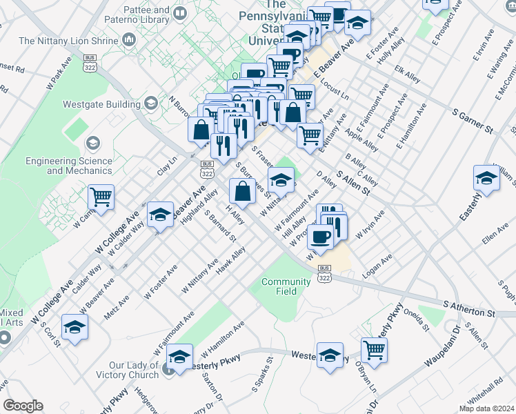 map of restaurants, bars, coffee shops, grocery stores, and more near 343 West Nittany Avenue in State College