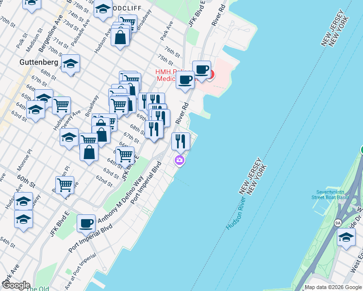 map of restaurants, bars, coffee shops, grocery stores, and more near 31 Lydia Drive in Guttenberg
