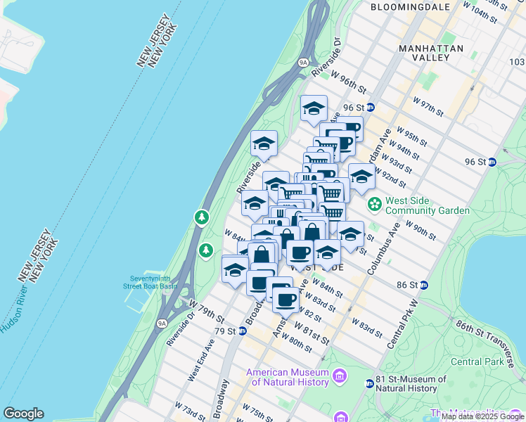 map of restaurants, bars, coffee shops, grocery stores, and more near 313 West 86th Street in New York