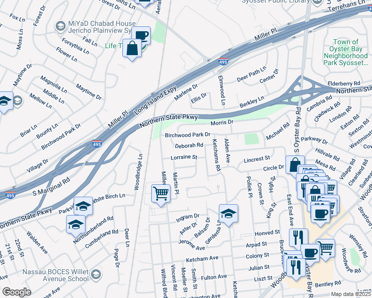 map of restaurants, bars, coffee shops, grocery stores, and more near 23 Deborah Road in Syosset