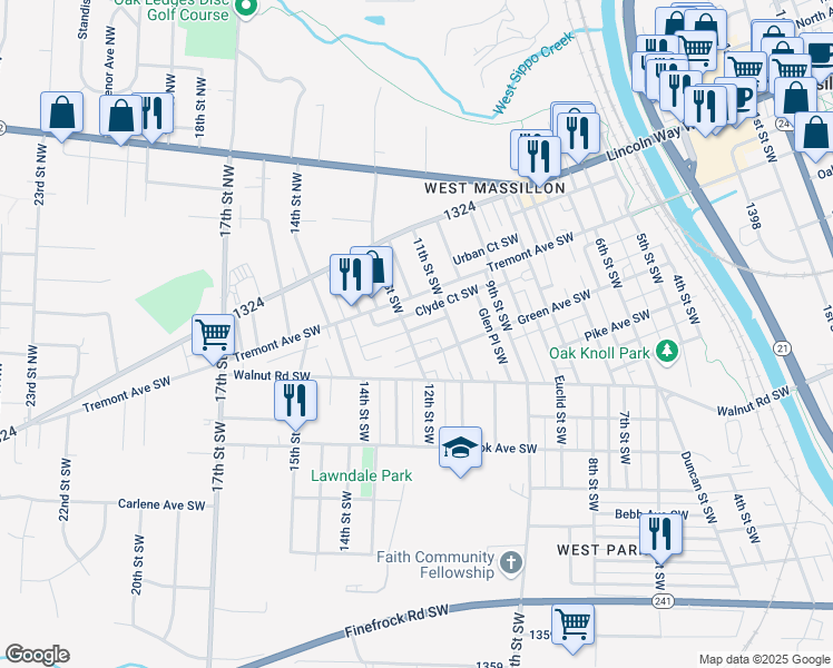 map of restaurants, bars, coffee shops, grocery stores, and more near 1137 Borden Avenue Southwest in Massillon