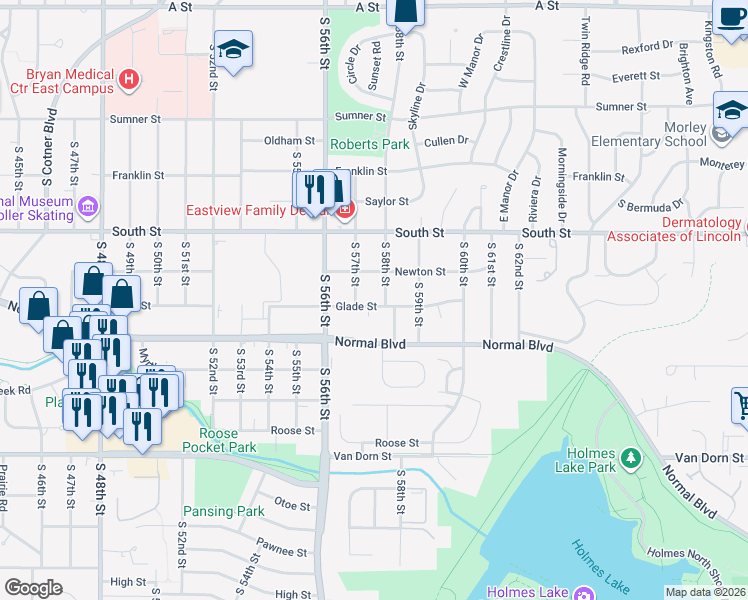 map of restaurants, bars, coffee shops, grocery stores, and more near 5724 Glade Street in Lincoln