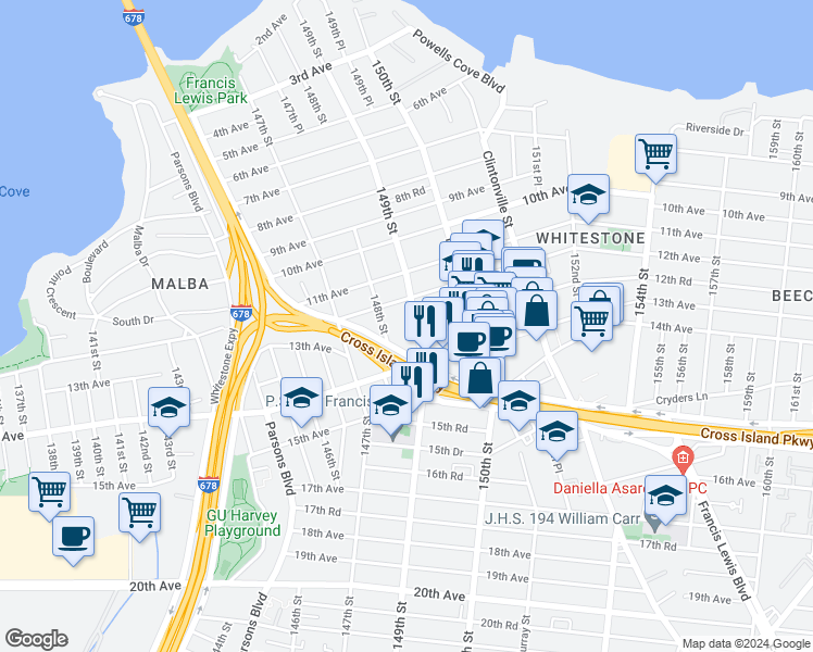 map of restaurants, bars, coffee shops, grocery stores, and more near 12-24 149th Street in Queens