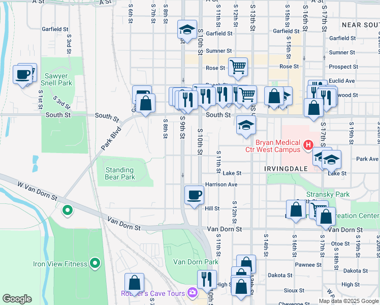 map of restaurants, bars, coffee shops, grocery stores, and more near 924 Park Avenue in Lincoln