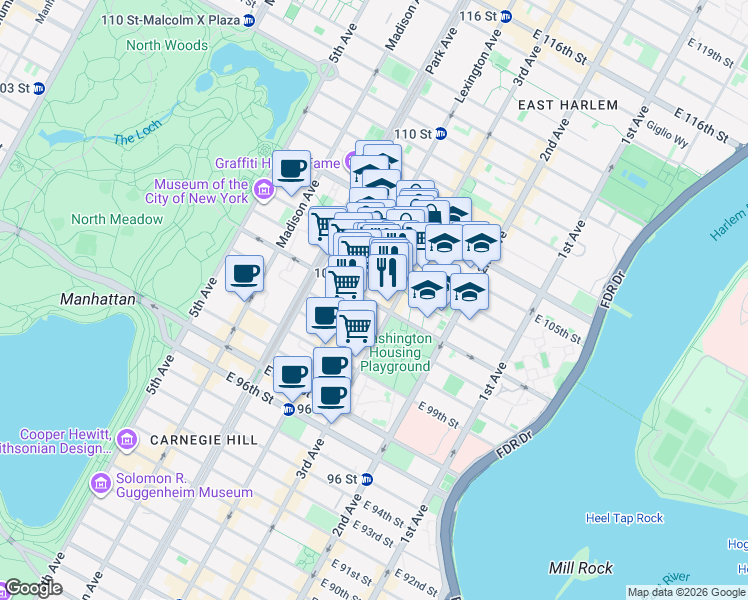 map of restaurants, bars, coffee shops, grocery stores, and more near 175 East 102nd Street in New York
