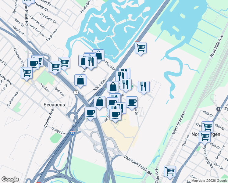 map of restaurants, bars, coffee shops, grocery stores, and more near 300 Harmon Meadow Boulevard in Secaucus