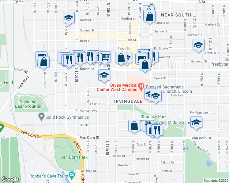 map of restaurants, bars, coffee shops, grocery stores, and more near 2315 South 14th Street in Lincoln