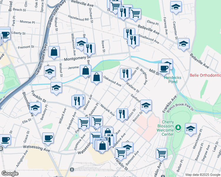 map of restaurants, bars, coffee shops, grocery stores, and more near 105 Baldwin Place in Bloomfield