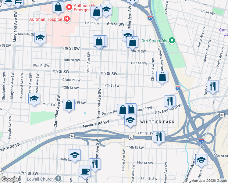 map of restaurants, bars, coffee shops, grocery stores, and more near 1219 Park Avenue Southwest in Canton