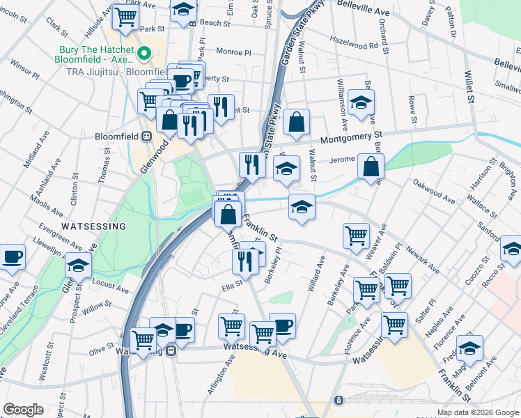 map of restaurants, bars, coffee shops, grocery stores, and more near 249 Newark Avenue in Bloomfield