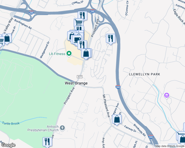 map of restaurants, bars, coffee shops, grocery stores, and more near 129 Coccio Drive in West Orange