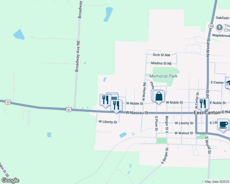 map of restaurants, bars, coffee shops, grocery stores, and more near 245 Summit Avenue in East Canton
