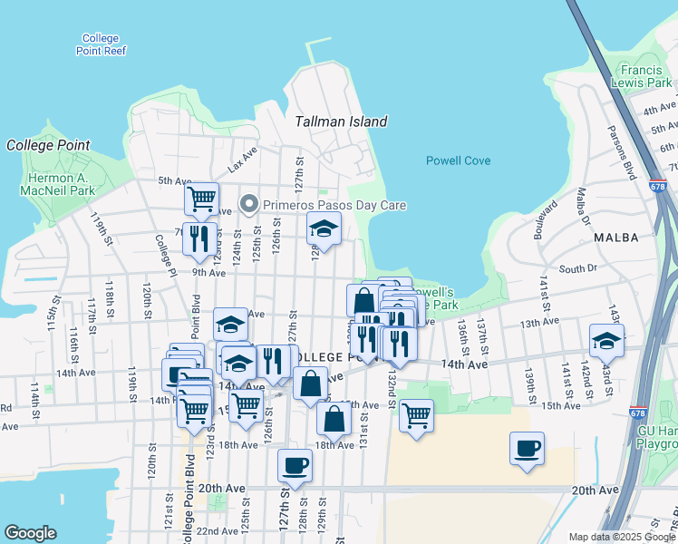 map of restaurants, bars, coffee shops, grocery stores, and more near 129-01 9th Avenue in Queens