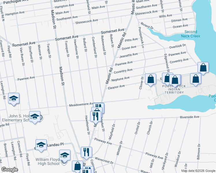 map of restaurants, bars, coffee shops, grocery stores, and more near 3 Eleanor Avenue in Mastic