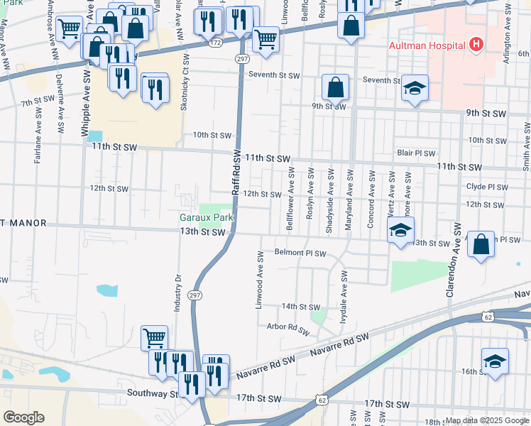 map of restaurants, bars, coffee shops, grocery stores, and more near 1225 Linwood Avenue Southwest in Canton