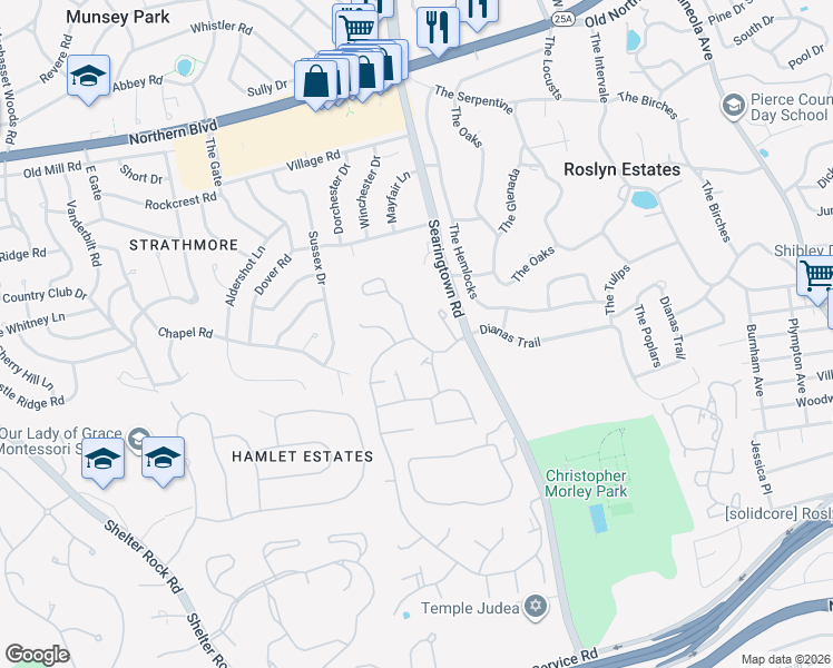 map of restaurants, bars, coffee shops, grocery stores, and more near 55 Estates Terrace North in Manhasset