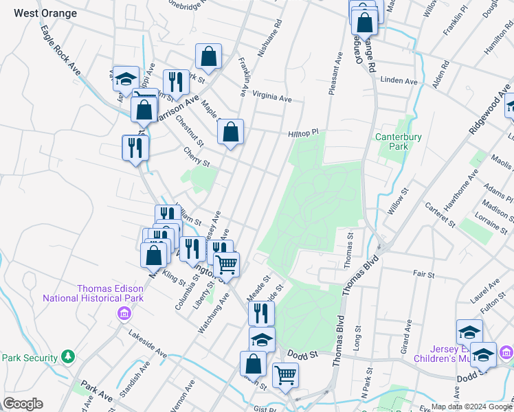map of restaurants, bars, coffee shops, grocery stores, and more near 92 High Street in West Orange