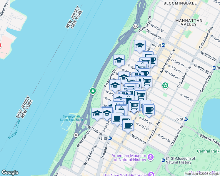 map of restaurants, bars, coffee shops, grocery stores, and more near 340 West 86th Street in New York