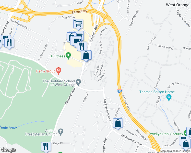 map of restaurants, bars, coffee shops, grocery stores, and more near 129 Coccio Drive in West Orange