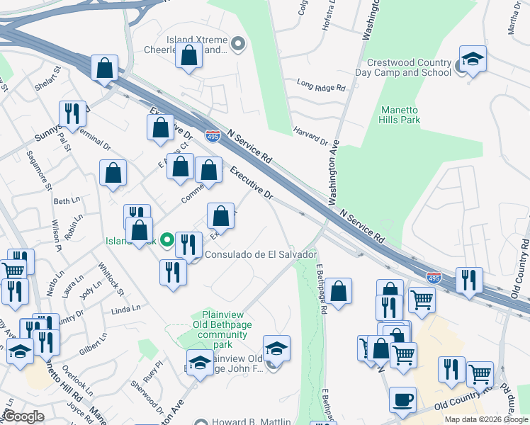 map of restaurants, bars, coffee shops, grocery stores, and more near 62 Ridge Drive in Plainview