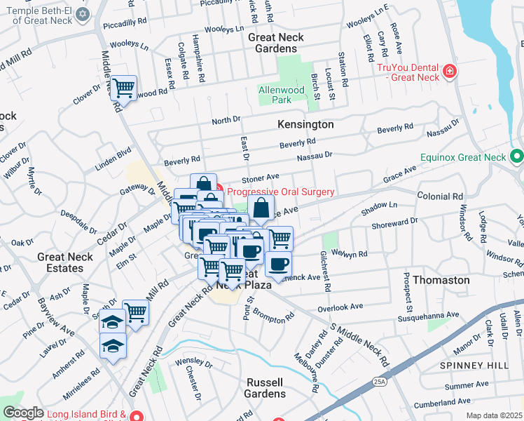 map of restaurants, bars, coffee shops, grocery stores, and more near 21 Barstow Road in Great Neck