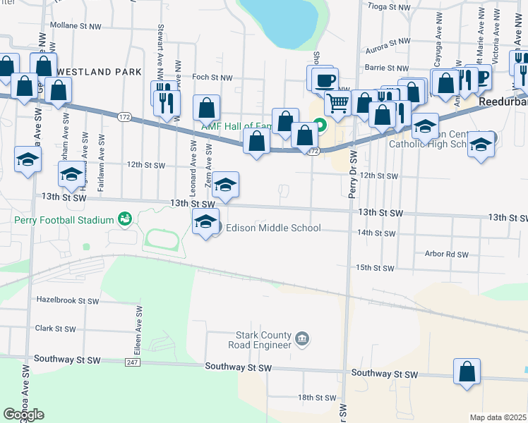map of restaurants, bars, coffee shops, grocery stores, and more near 5302 13th Street Southwest in Canton