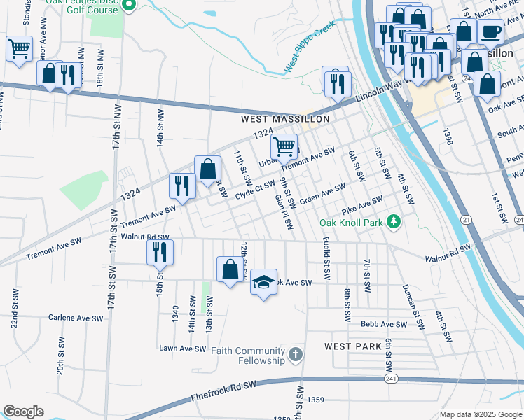 map of restaurants, bars, coffee shops, grocery stores, and more near 336 11th Street Southwest in Massillon