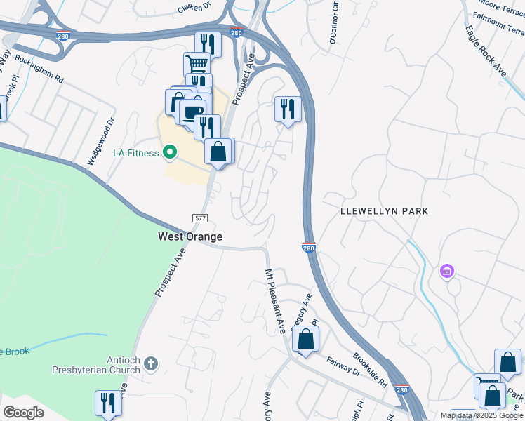 map of restaurants, bars, coffee shops, grocery stores, and more near 172 Dezenzo Lane in West Orange