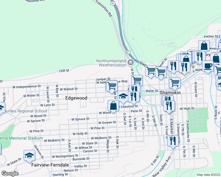 map of restaurants, bars, coffee shops, grocery stores, and more near 920 West Walnut Street in Edgewood
