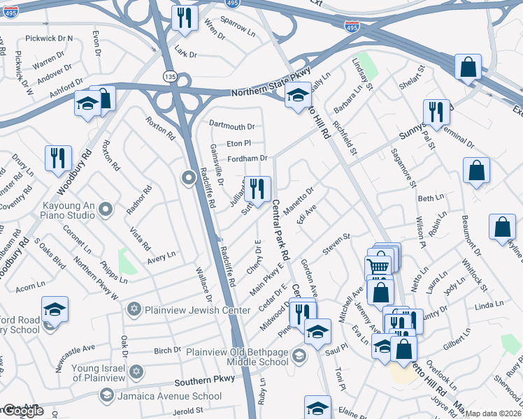 map of restaurants, bars, coffee shops, grocery stores, and more near 8 Northern Pkwy E in Plainview