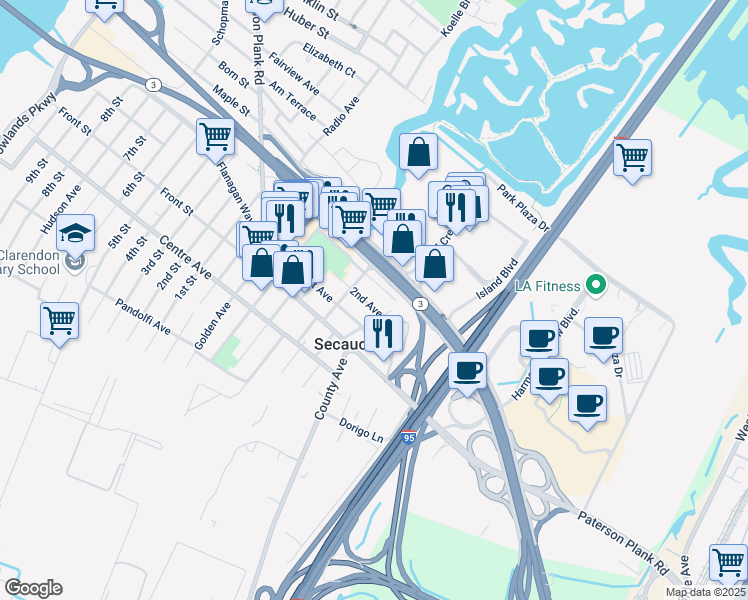 map of restaurants, bars, coffee shops, grocery stores, and more near 62 2nd Avenue in Secaucus