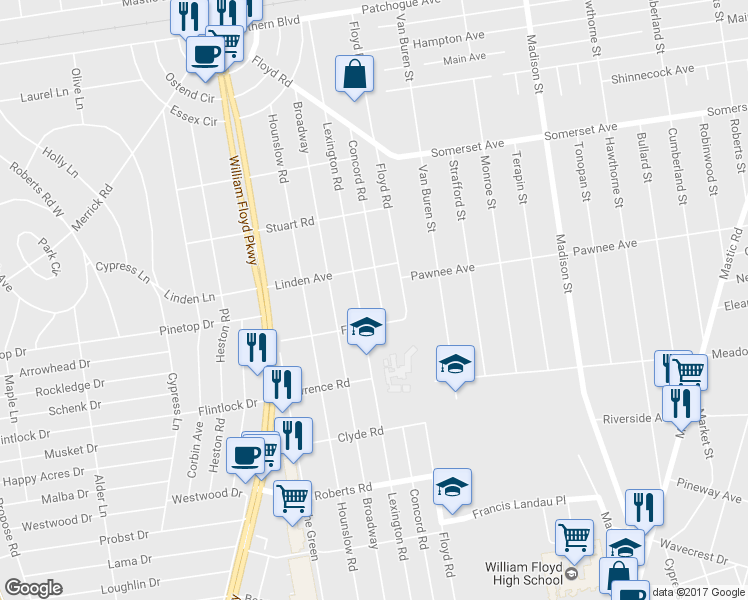 map of restaurants, bars, coffee shops, grocery stores, and more near 76 Concord Road in Shirley