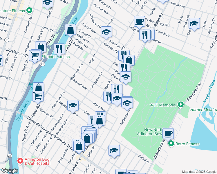 map of restaurants, bars, coffee shops, grocery stores, and more near 40 York Road in North Arlington