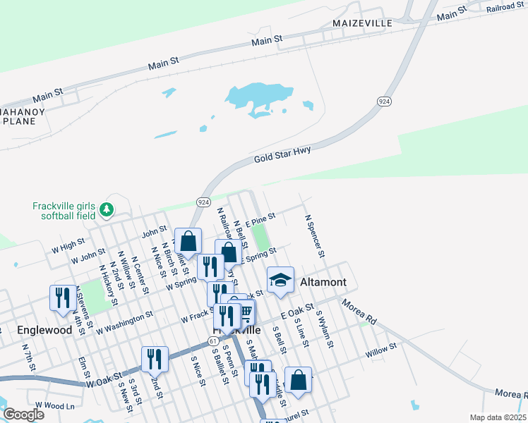 map of restaurants, bars, coffee shops, grocery stores, and more near 213 North Line Street in Frackville