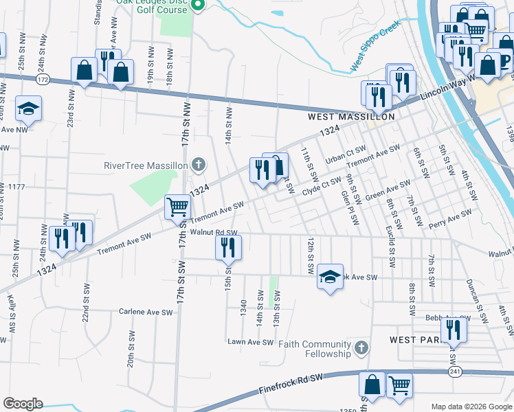 map of restaurants, bars, coffee shops, grocery stores, and more near 1333 Tremont Avenue Southwest in Massillon