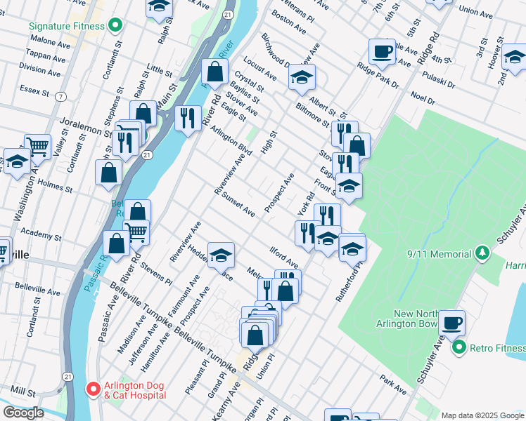 map of restaurants, bars, coffee shops, grocery stores, and more near 181 Prospect Avenue in North Arlington