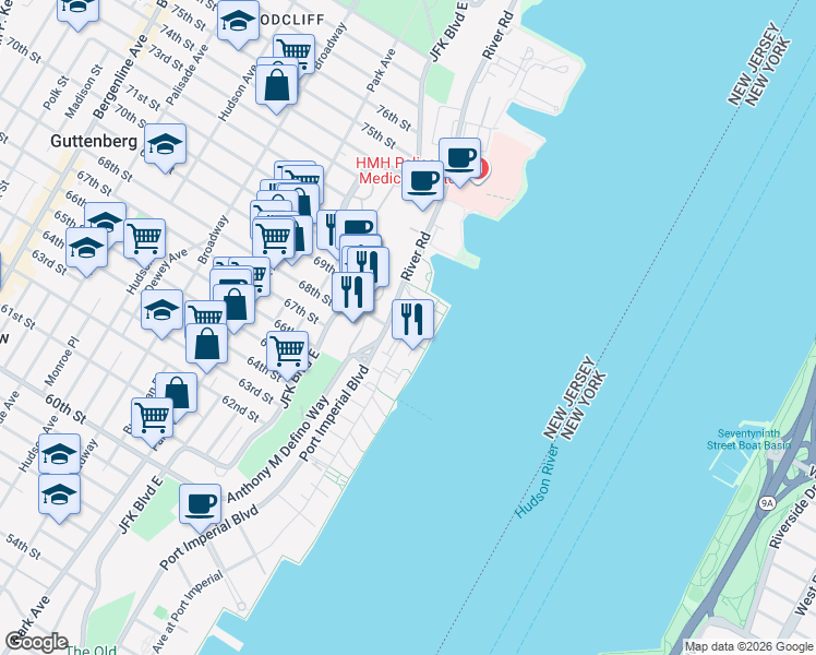 map of restaurants, bars, coffee shops, grocery stores, and more near 161 Lydia Drive in Guttenberg