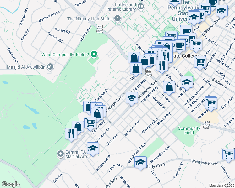 map of restaurants, bars, coffee shops, grocery stores, and more near 111 North Sparks Street in State College