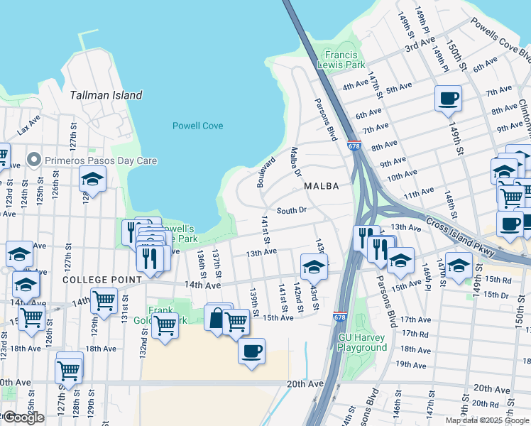 map of restaurants, bars, coffee shops, grocery stores, and more near 141-14 South Drive in Queens