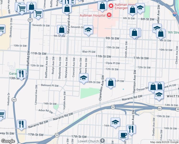 map of restaurants, bars, coffee shops, grocery stores, and more near 1211 Homewood Avenue Southwest in Canton