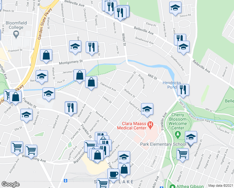map of restaurants, bars, coffee shops, grocery stores, and more near 25 Harrison Street in Belleville