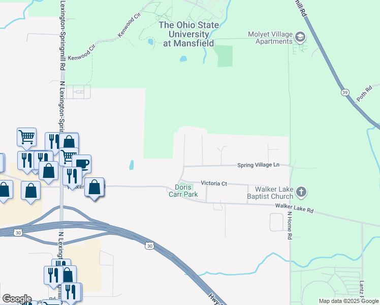 map of restaurants, bars, coffee shops, grocery stores, and more near 1352 Spring Village Drive in Ontario