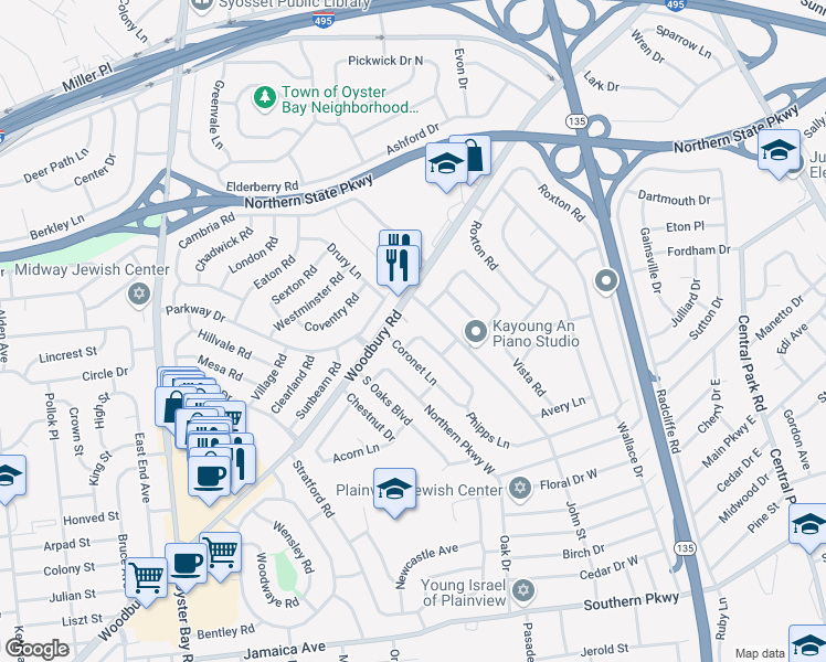 map of restaurants, bars, coffee shops, grocery stores, and more near 5 Phipps Lane in Plainview