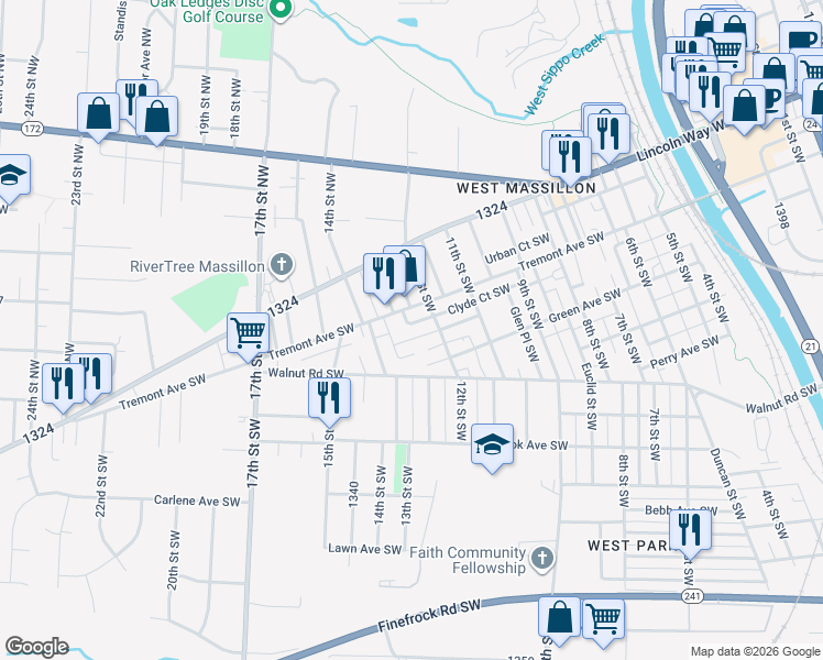map of restaurants, bars, coffee shops, grocery stores, and more near 1228 Borden Ave SW in Massillon