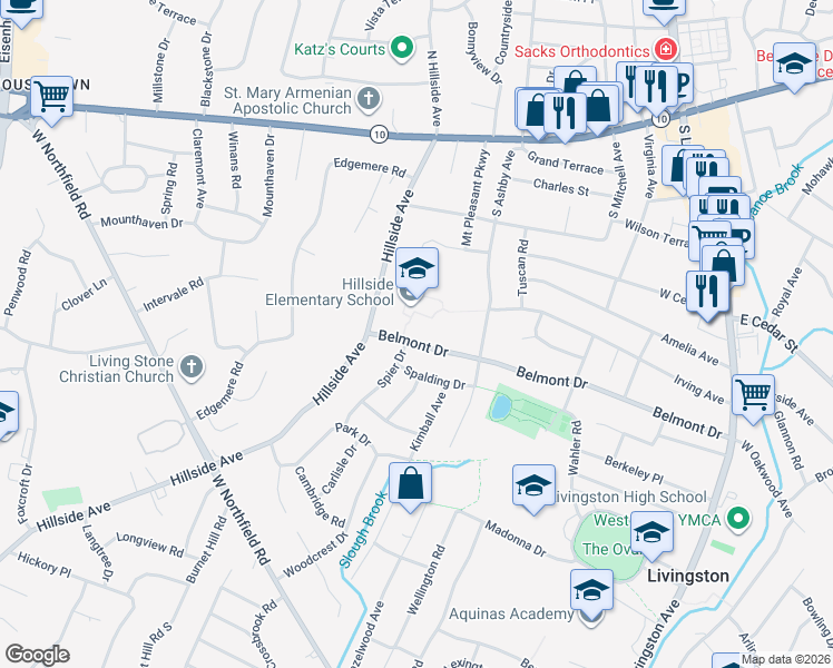 map of restaurants, bars, coffee shops, grocery stores, and more near 90 Belmont Drive in Livingston