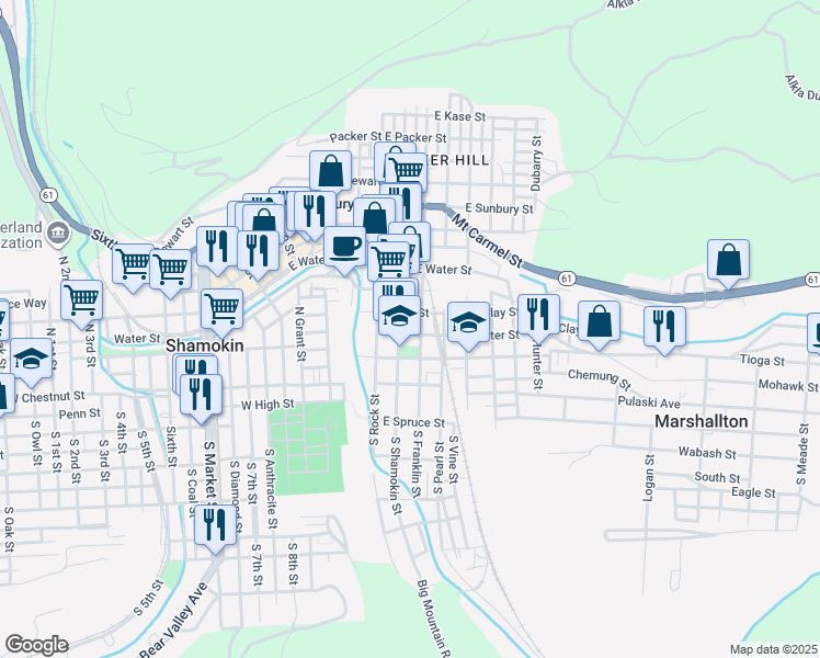 map of restaurants, bars, coffee shops, grocery stores, and more near 201 North Shamokin Street in Shamokin